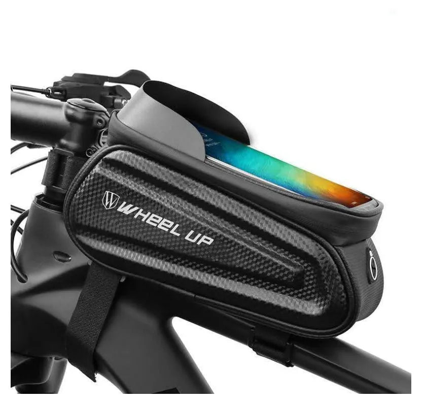 Black and grey EVA mountain bike handlebar bag with reflective strips mounted on bicycle handlebars.