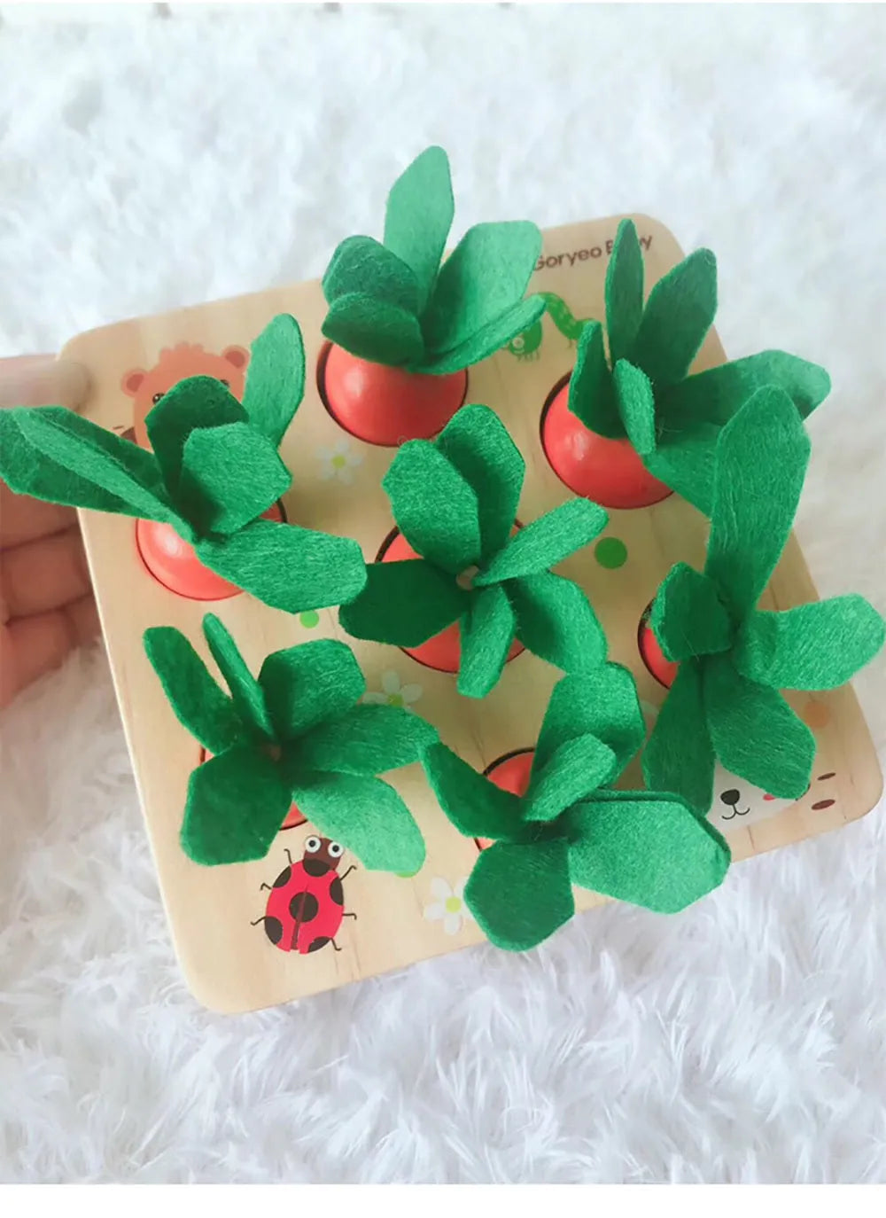 Harvest carrots coloured wooden educational toy for toddlers aged 2-4 years, made from pine wood.