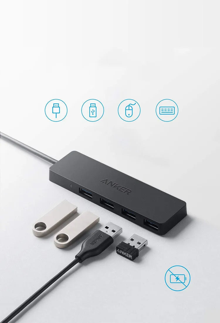 Black Anker 4-port USB 3.0 hub with aluminium casing and 20 cm connecting cable