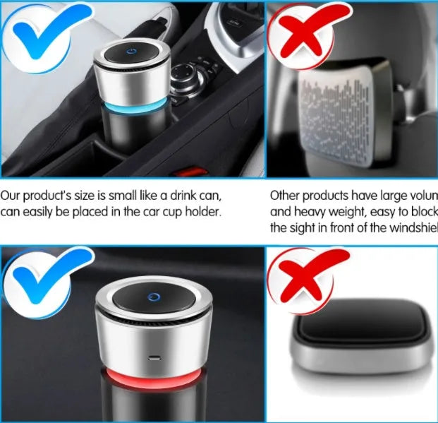 USB negative ion car air purifier in black and white, 75x75x165mm, with USB cable
