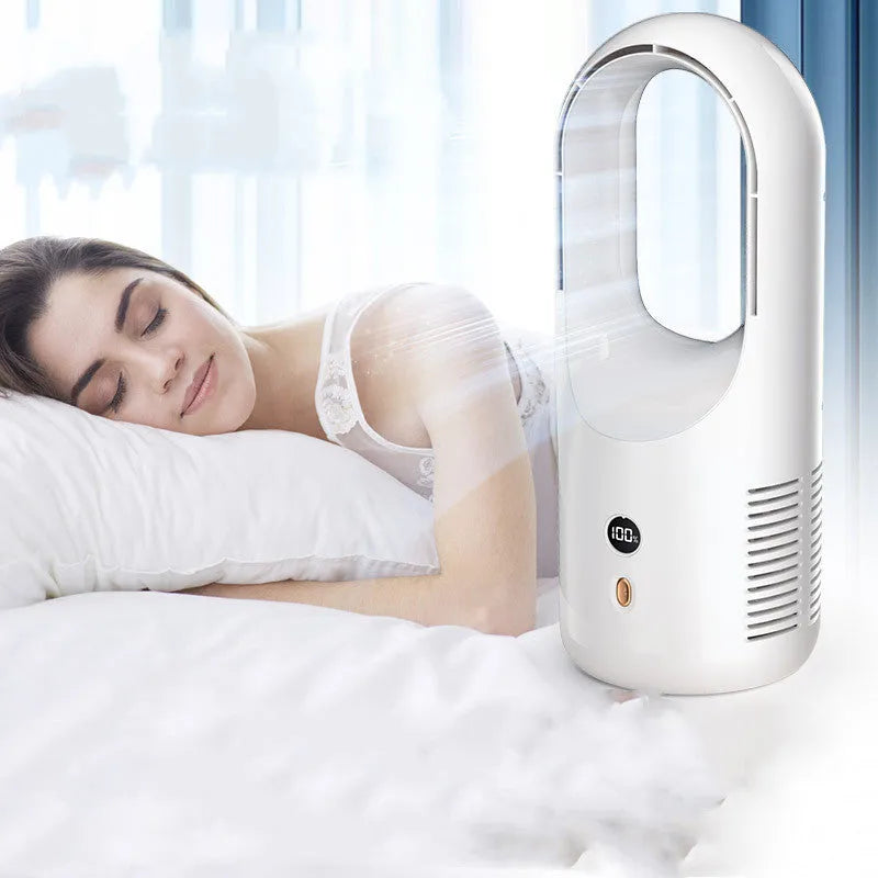 X28 Vaneless bladeless desktop fan with USB port and LED display on a desk