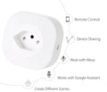 A white smart socket plug with dimensions 70mm x 70mm x 72mm, showing EU, US, and Swiss plug styles.