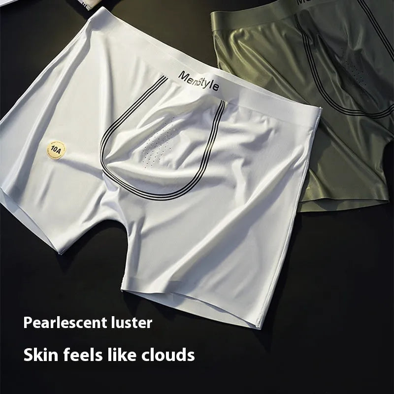 Men's seamless satin ice silk boxers in dark grey showing mid waist and single-layer crotch design