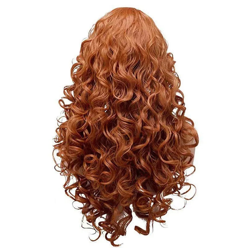 Brown long curly wavy synthetic wig with fluffy texture and built-in cap for cosplay and costume wear