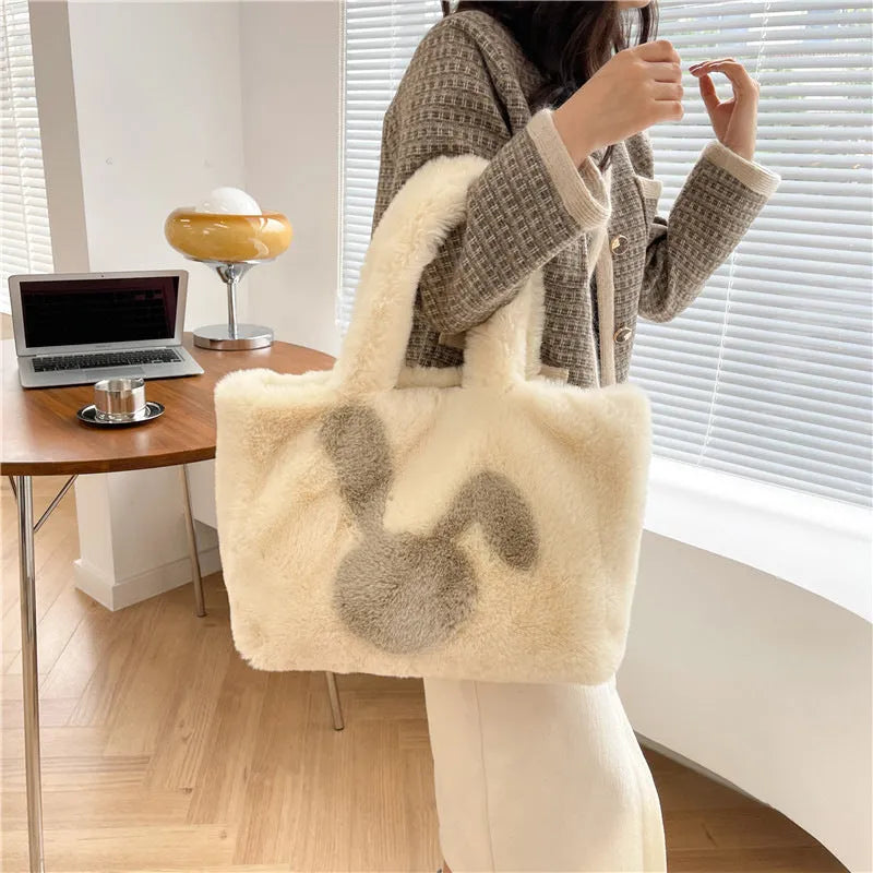 Plush shoulder bag with rabbit ears in solid colour with large shopping capacity