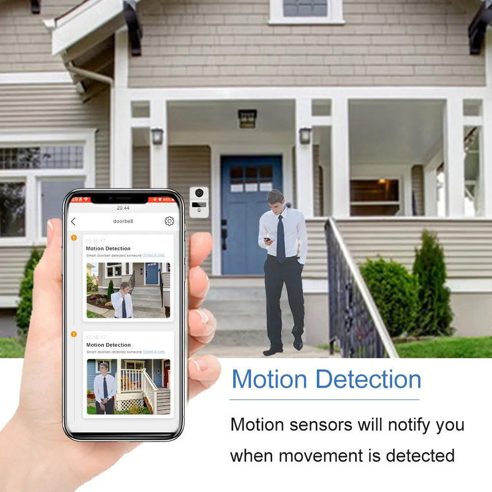 Video intercom doorbell system with outdoor unit and indoor display showing 1080P camera feed