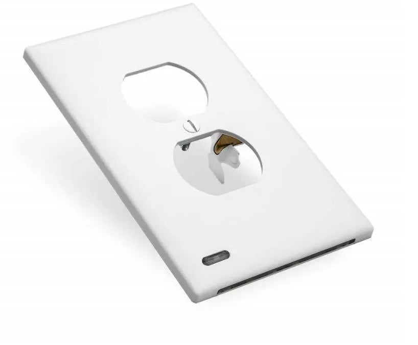 White socket induction night light with motion sensor plugged into a UK wall socket, illuminating a dark hallway.
