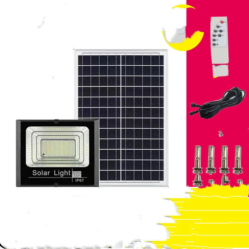 Black Cornucopia solar-powered LED flood light mounted on a wall bracket with remote control.