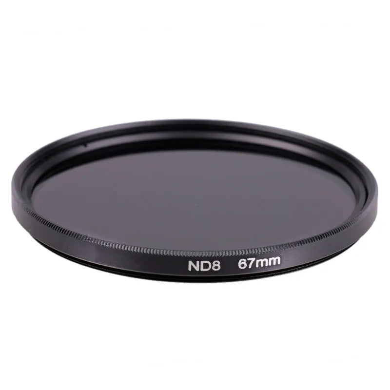 ND8 neutral density camera lens filter with silver aviation aluminium frame, shown next to a lens.