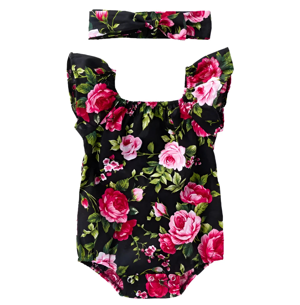 Black and white cotton baby girl romper with small flying sleeves and triangle climbing style