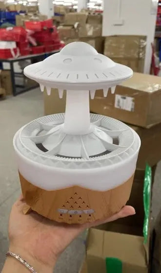 UFO-shaped cloud humidifier with rain drop sound and 7-colour night light