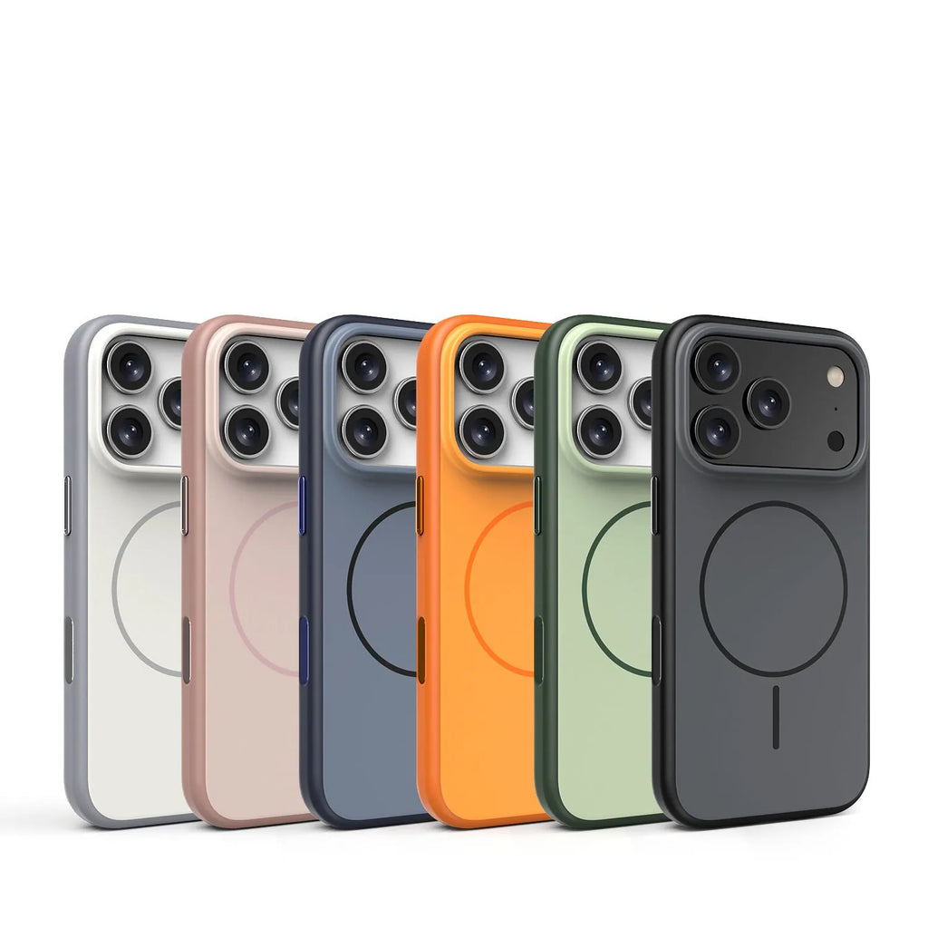 Frosted matte magnetic protective case for iPhone 17 series in Desert Gold colour.