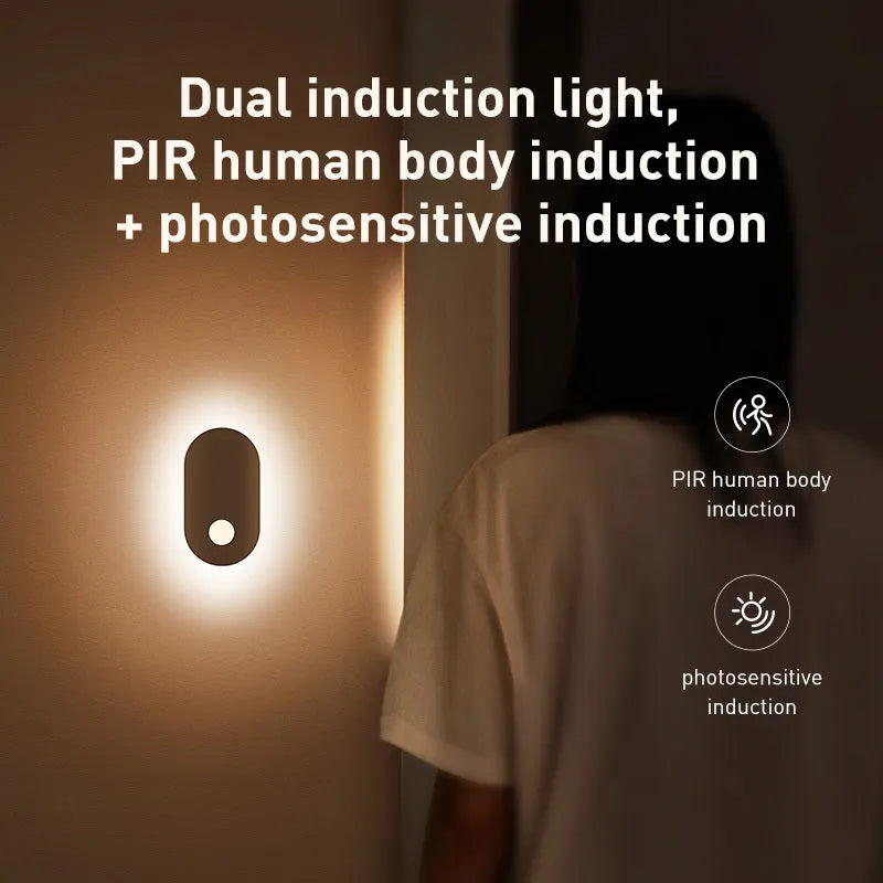 White magnetic human induction night light showing back lighting ring and compact 108x60x22mm size.