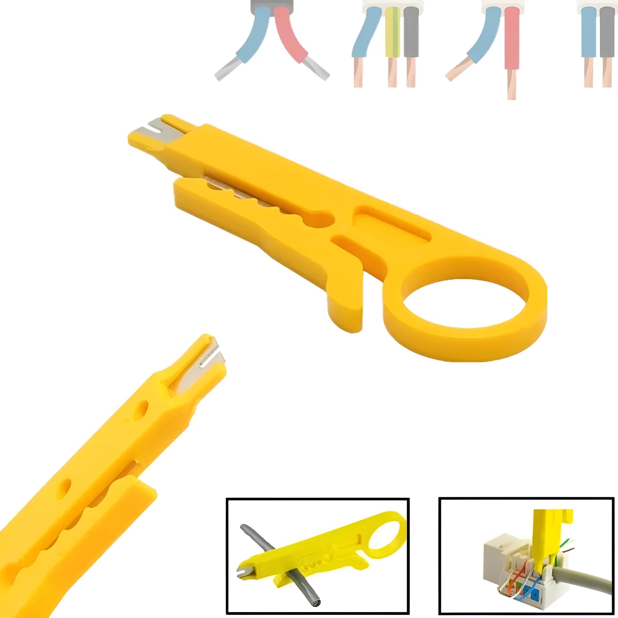 Yellow mini portable wire stripper tool with a metal blade for 0.6mm wires.
