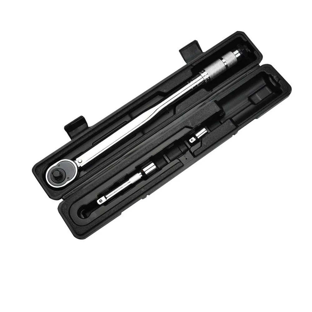 Five-piece preset torque wrench set with sockets and extension rod in plastic case