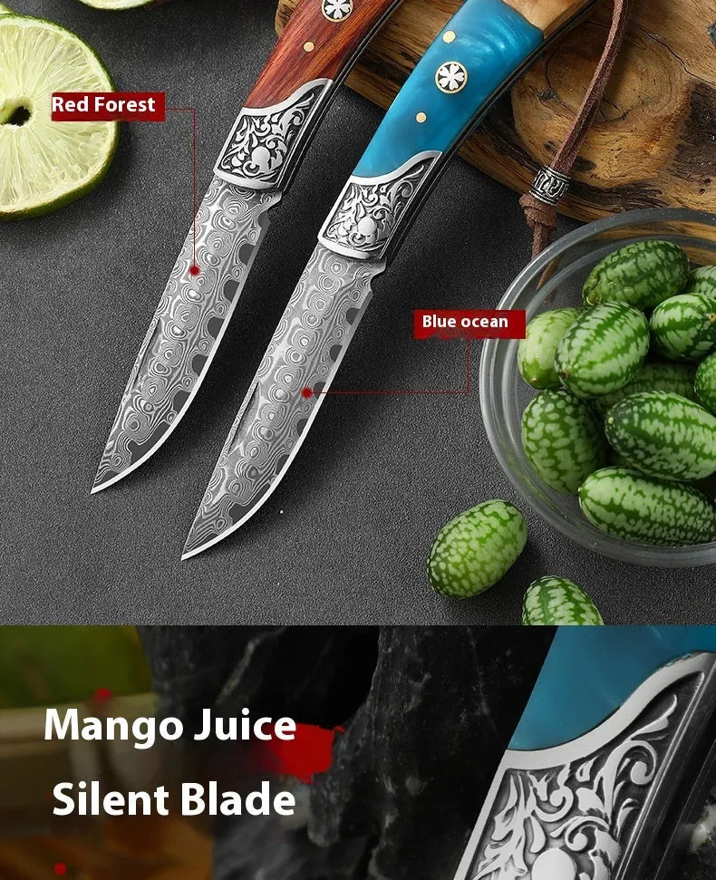 VG10 stainless steel folding knife with handmade national style dovetail patterning in blue or red options