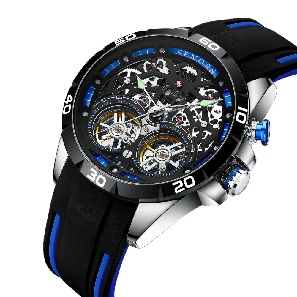 Automatic mechanical men's watch with a skeleton dial and luminous hands in blue on a wrist.