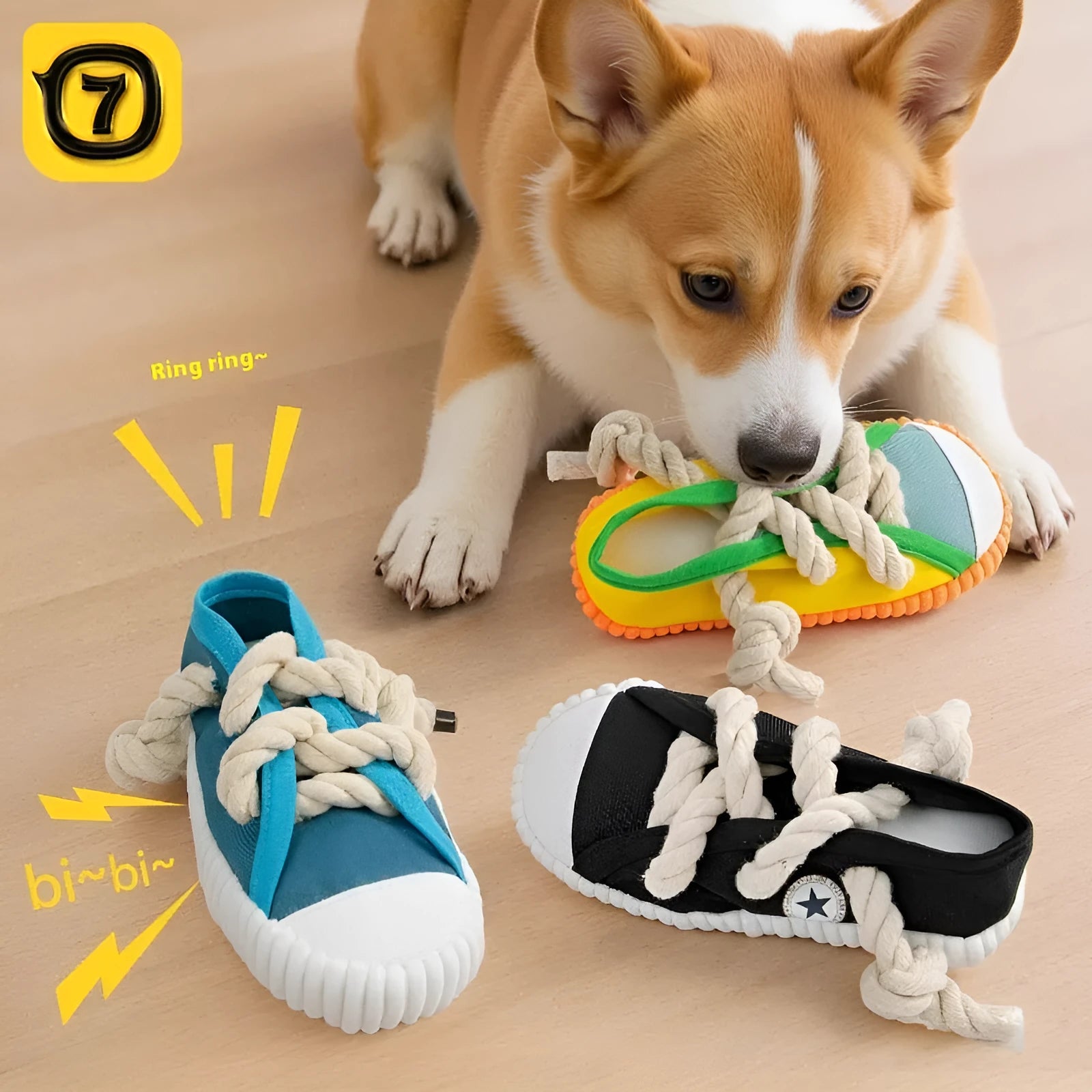 Plastic dog chew toy in yellow, black, or blue colours with a sound-making mechanism.