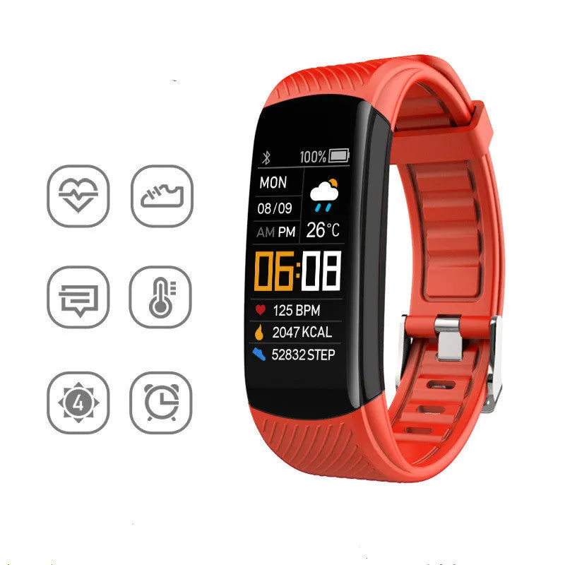 C5S model black waterproof smart fitness bracelet with 0.96-inch screen on a wrist.