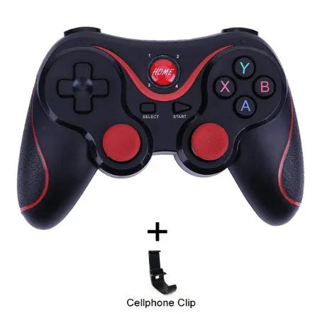 Black and white X3 version wireless Bluetooth game controller for Android phones with mobile phone clip.