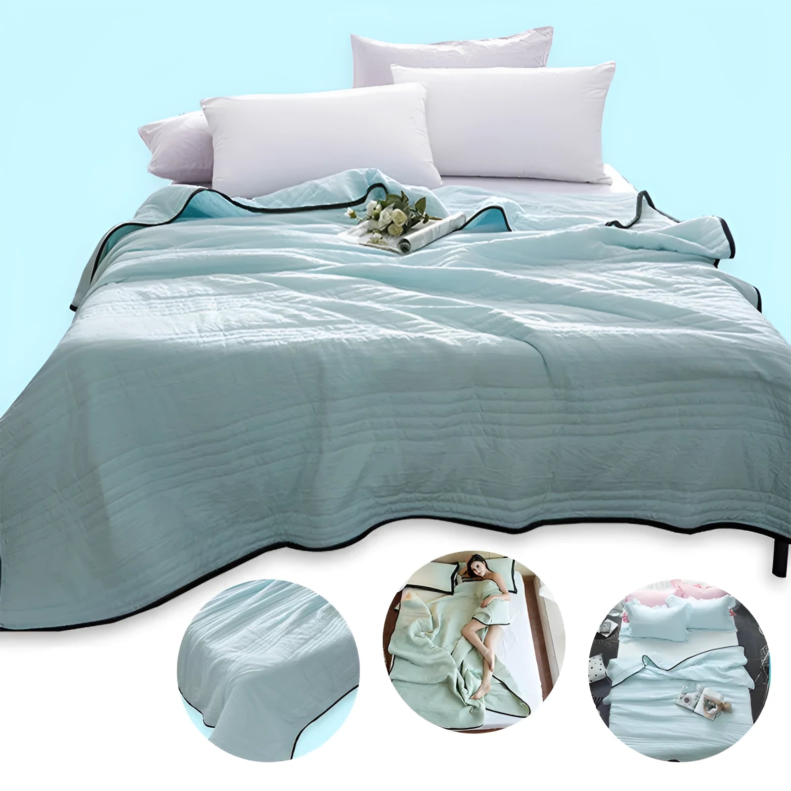 Lightweight seersucker summer quilt in various colours on a bed