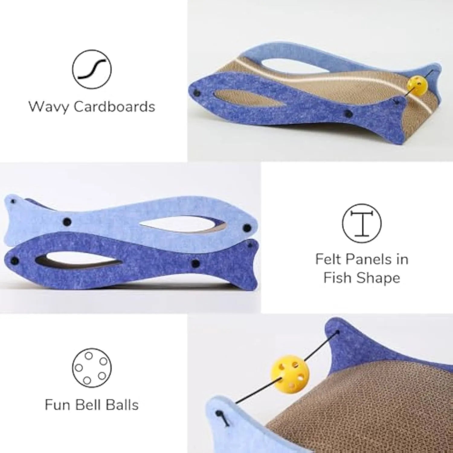 Blue fish-shaped cardboard cat scratcher with attached bell toys on an elastic cord.