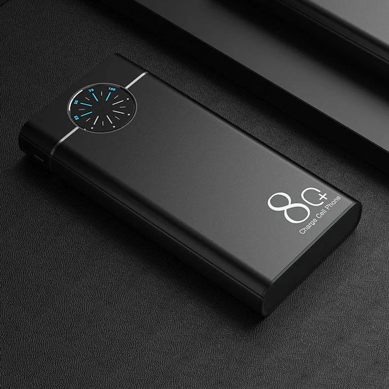 20000mAh alloy fast charging power bank in black, red, and blue colours with LED flashlight