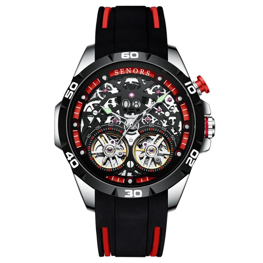 Automatic mechanical men's watch with a skeleton dial and luminous hands in blue on a wrist.