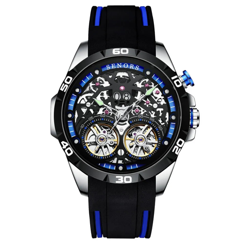 Automatic mechanical men's watch with a skeleton dial and luminous hands in blue on a wrist.