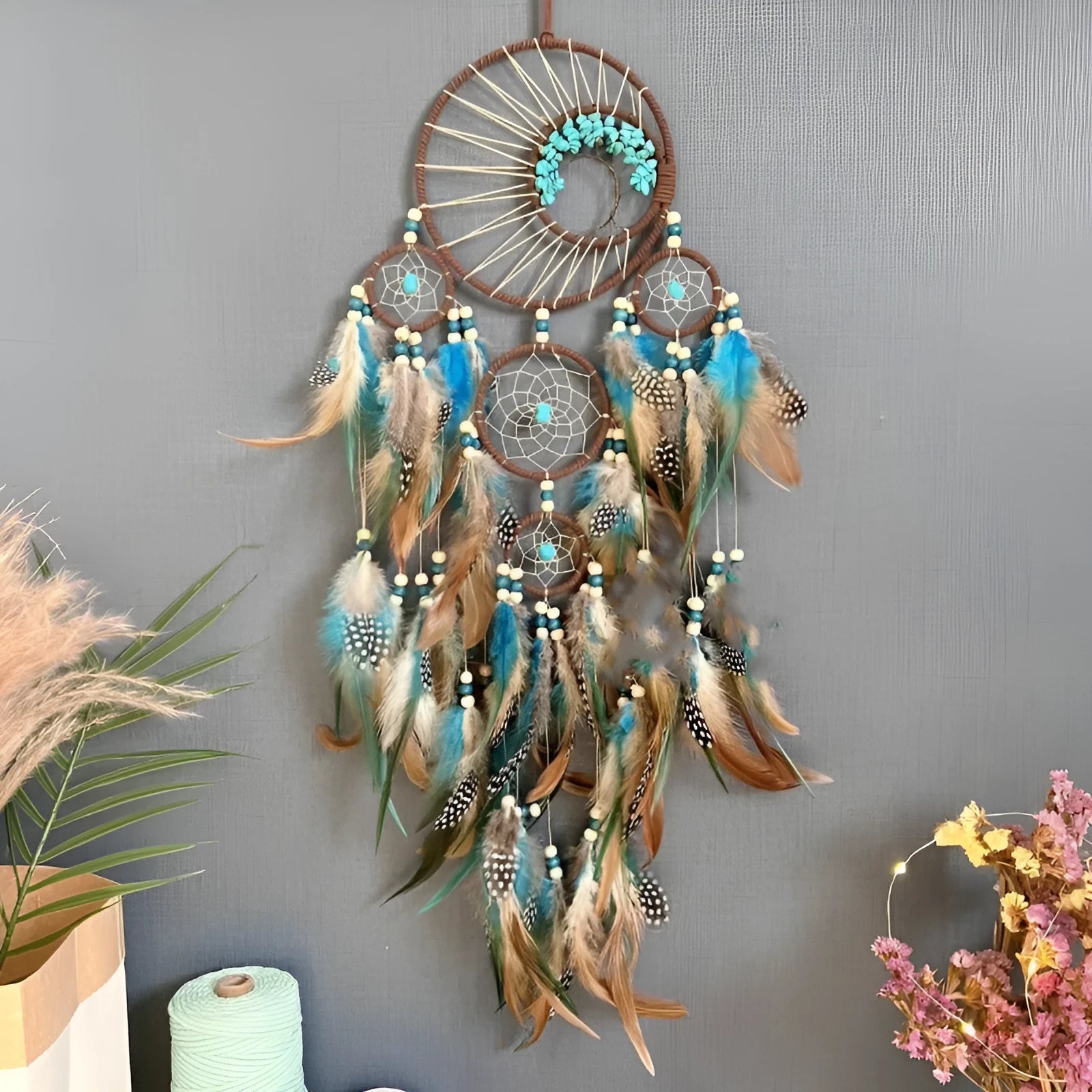 High-grade turquoise lucky tree dreamcatcher hanging wind chime Earth blue five circles crystal finish 15cm by 80cm