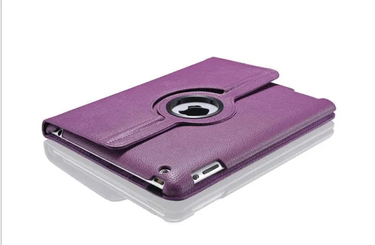 iPad rotary leather case in clam shell design shown in multiple colour options including pink, blue, and black.