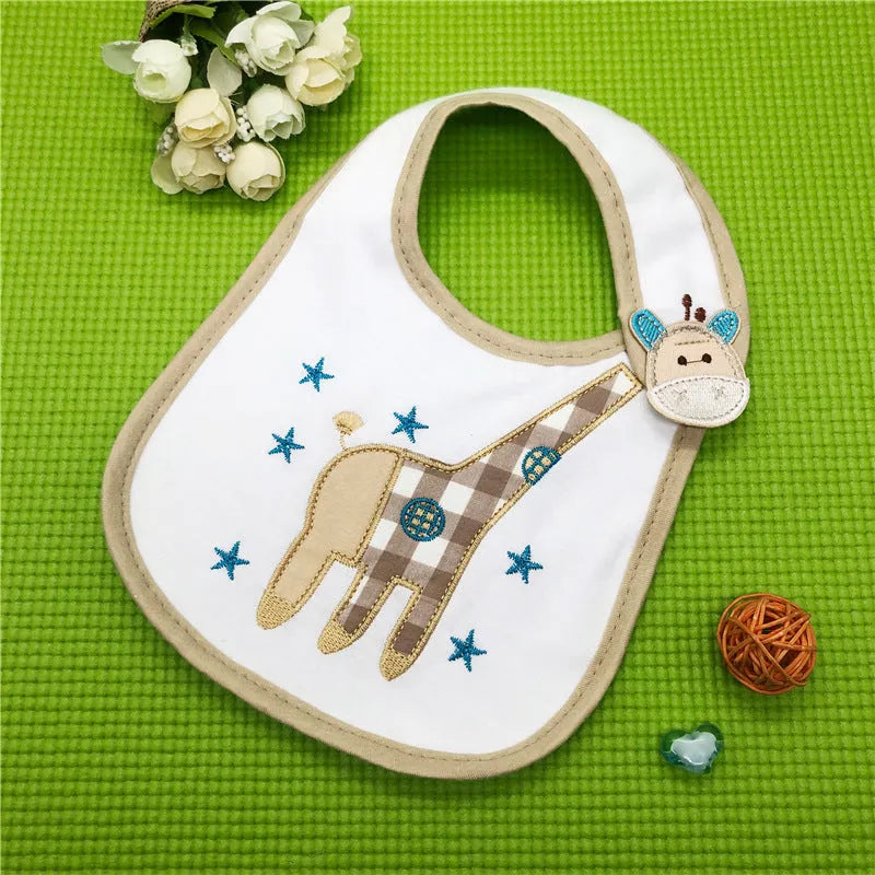 Three-layer waterproof polyester cotton baby bib with cartoon animal pattern in blue car design