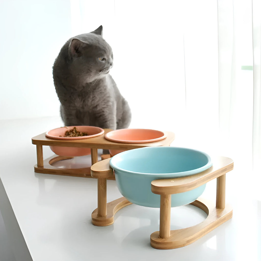 Ceramic cat bowl in 14.7cm or 17.8cm size with blue finish
