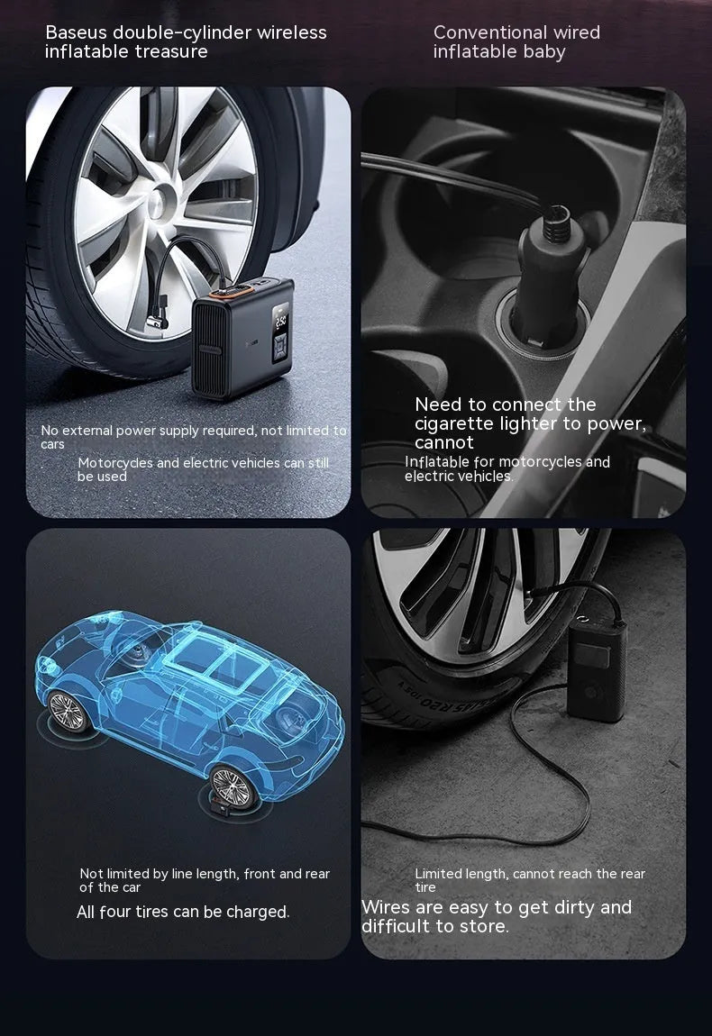 Black wireless car tyre inflator with compact design and LCD display