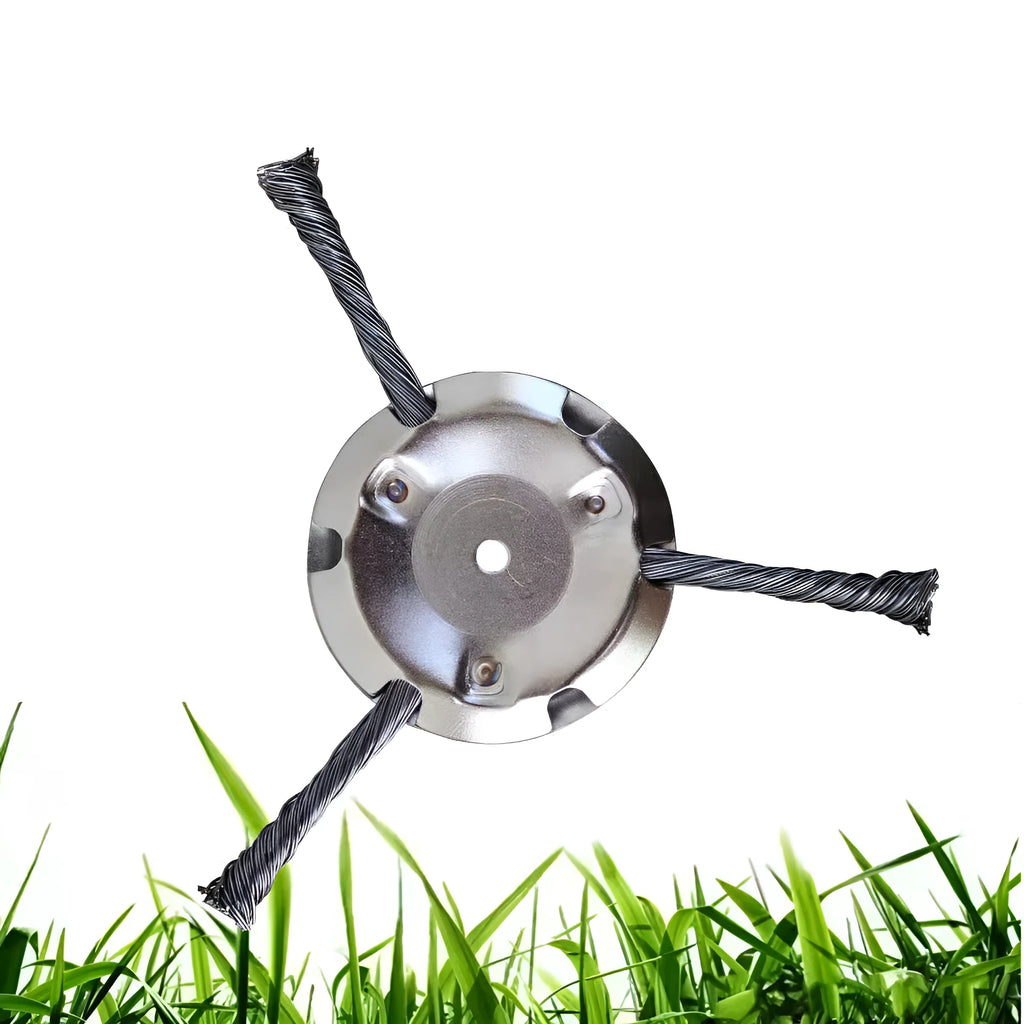 Stainless steel mower wire brush attachment for lithium battery grass trimmers showing wire configuration