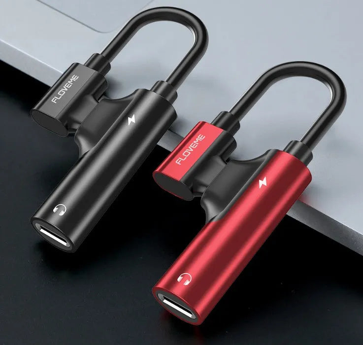 Black Lightning to 3.5mm audio adapter with charging port for iPhone headphones and power