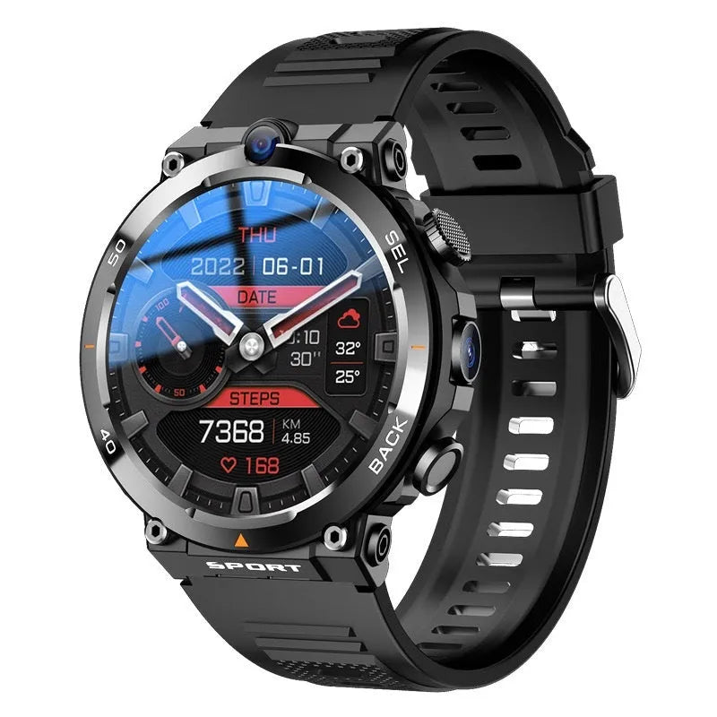 Sports smartwatch with dual cameras on a wrist, showing TFT touch screen display.