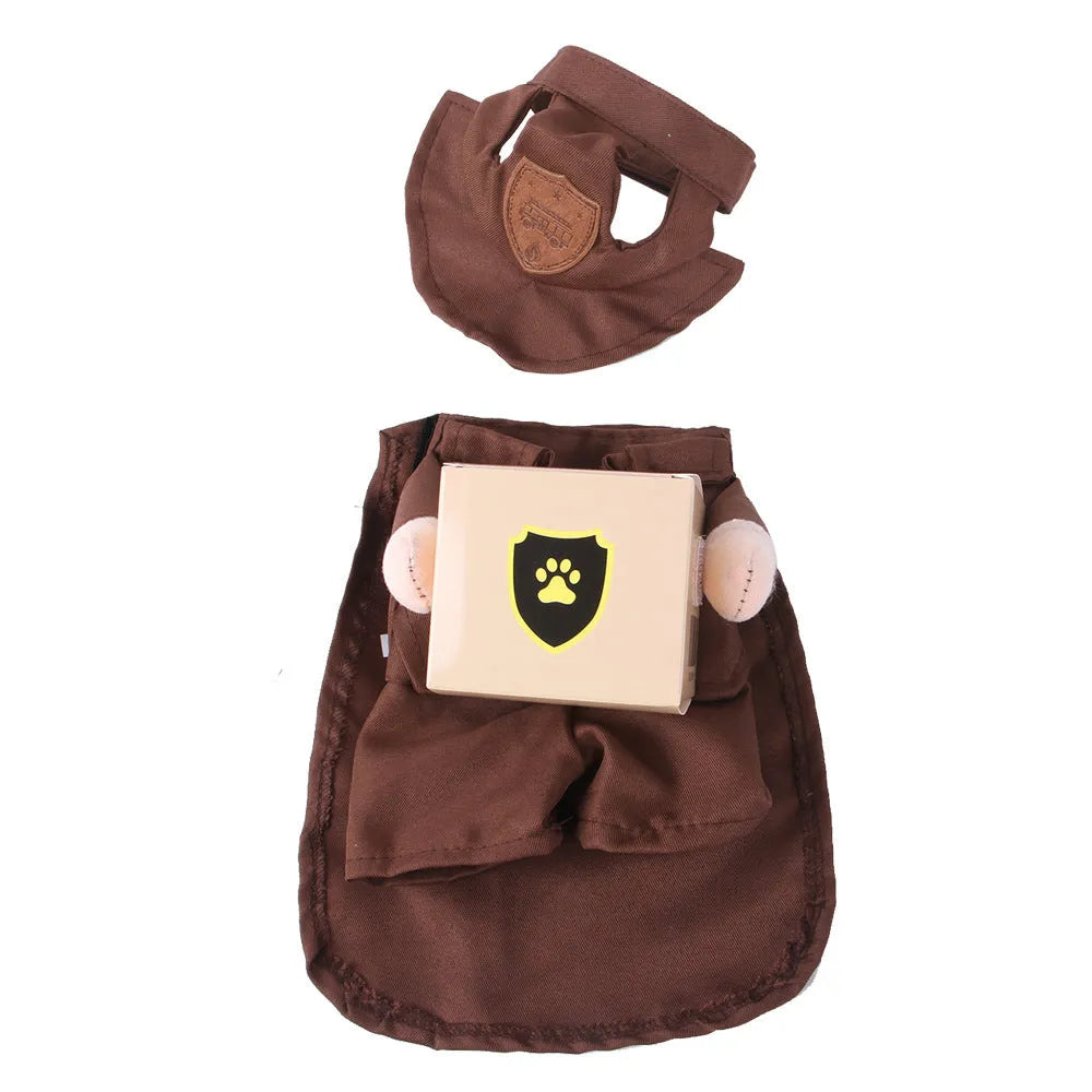 Coffee brown pet jacket with humorous courier delivery design for dogs and cats