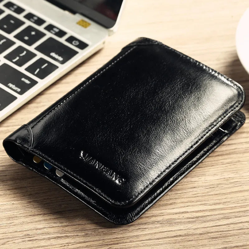 Men's black full-grain leather bifold wallet open, showing eight card slots and a zipped coin pocket.