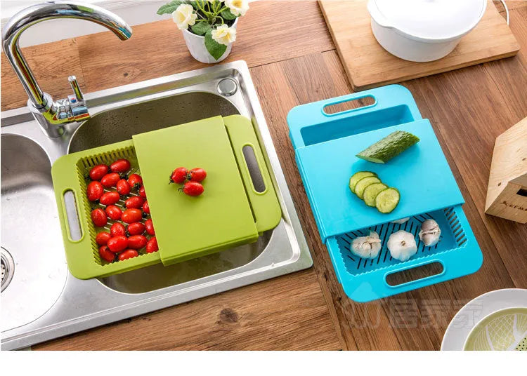 Blue kitchen chopping board with integrated drain basket for vegetable and meat preparation
