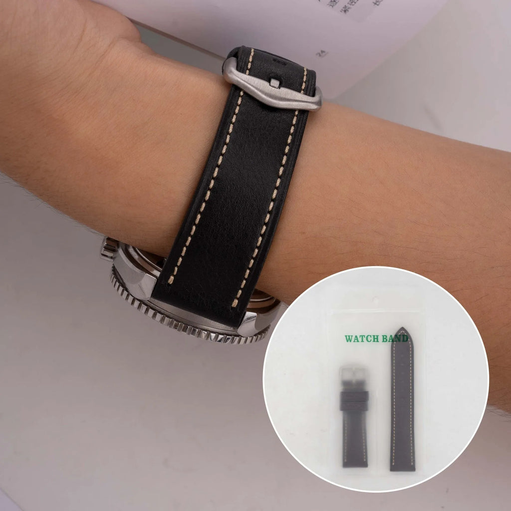 Retro pure cowhide leather watch strap with pin buckle in brown steel colour option