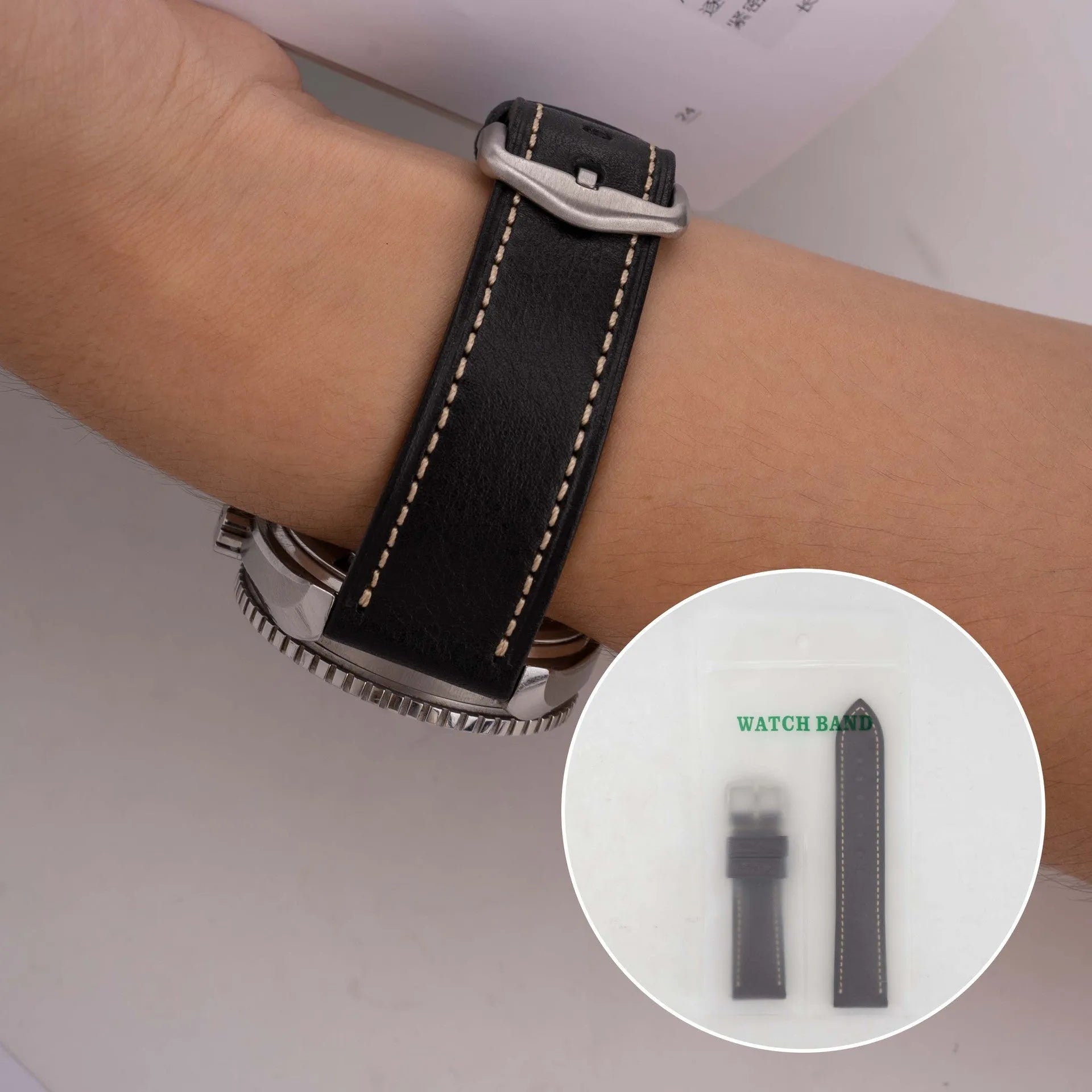 Retro pure cowhide leather watch strap with pin buckle in brown steel colour option