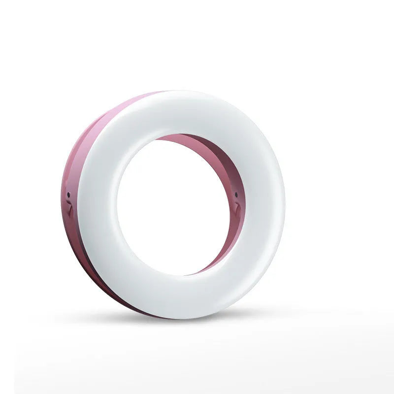 Black LED selfie ring light for mobile phones with USB cable, shown next to a smartphone.