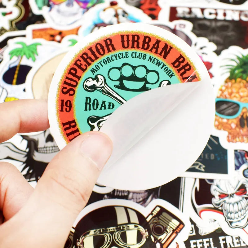 Skull head doodle sticker set of 50 machine-cut PVC waterproof decals in assorted sizes