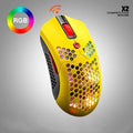 Free Wolf X2 wireless gaming mouse in black with RGB lighting, shown on a mouse mat