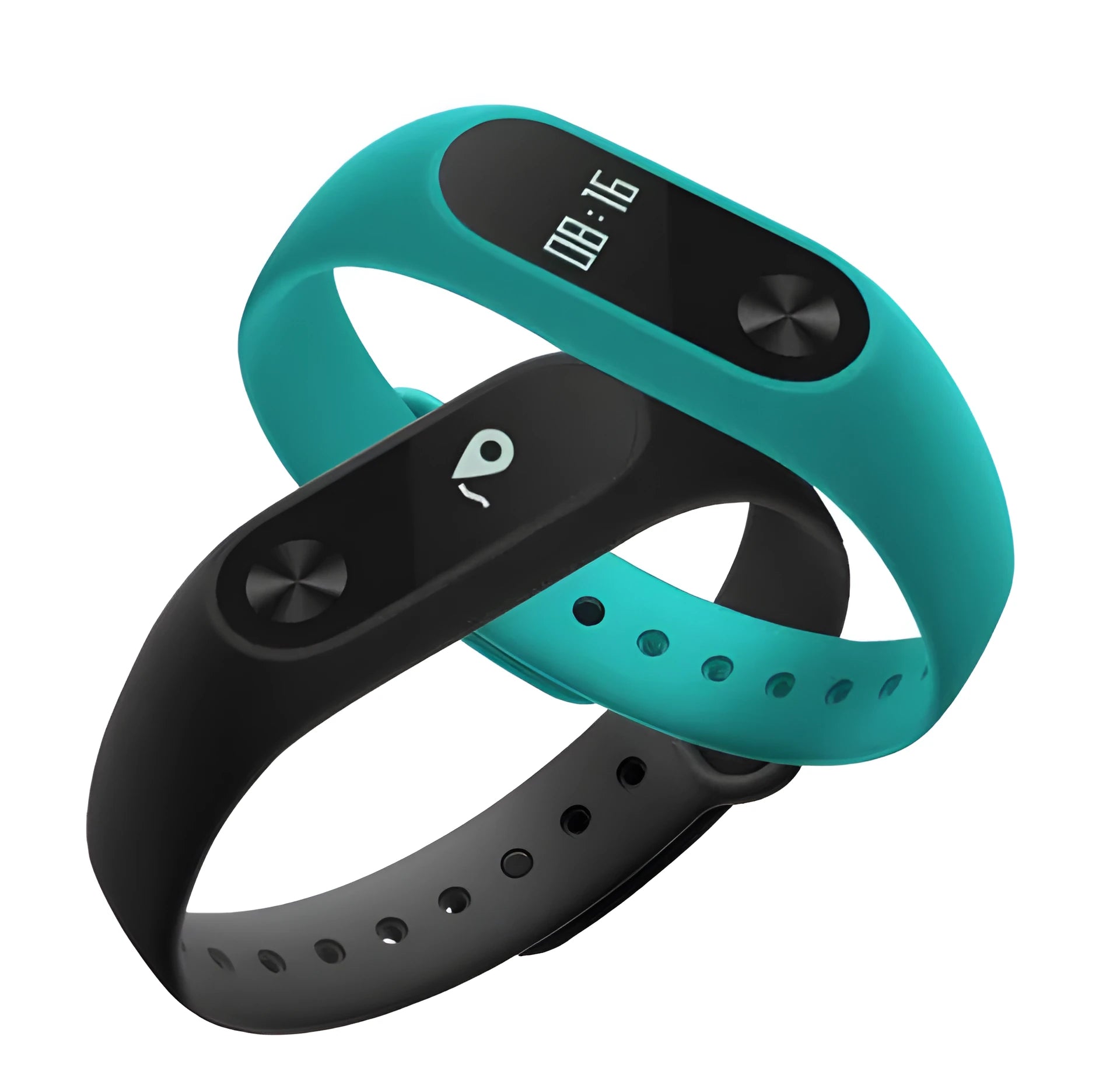 Black Xiaomi Mi Band 2 smartband with OLED display on a thermoplastic wrist strap.