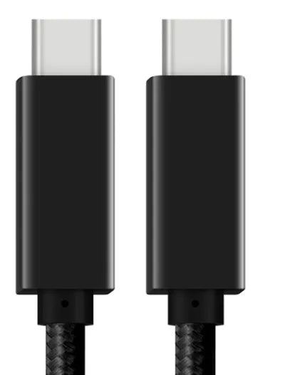 Black USB-C to USB-C cable with stainless steel plug, shown coiled, for 100W charging and 4K video.