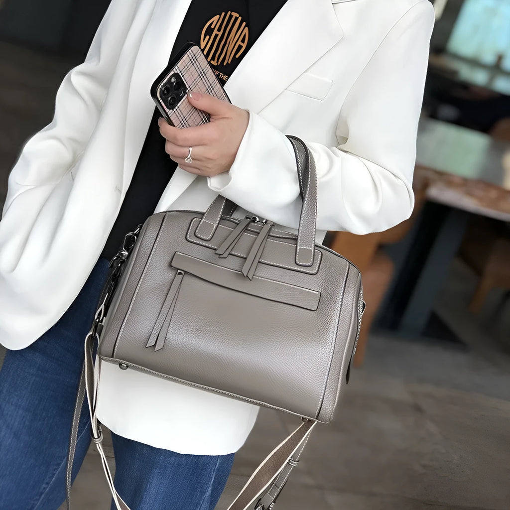 First layer cowhide leather messenger bag with lychee pattern texture and multiple internal compartments