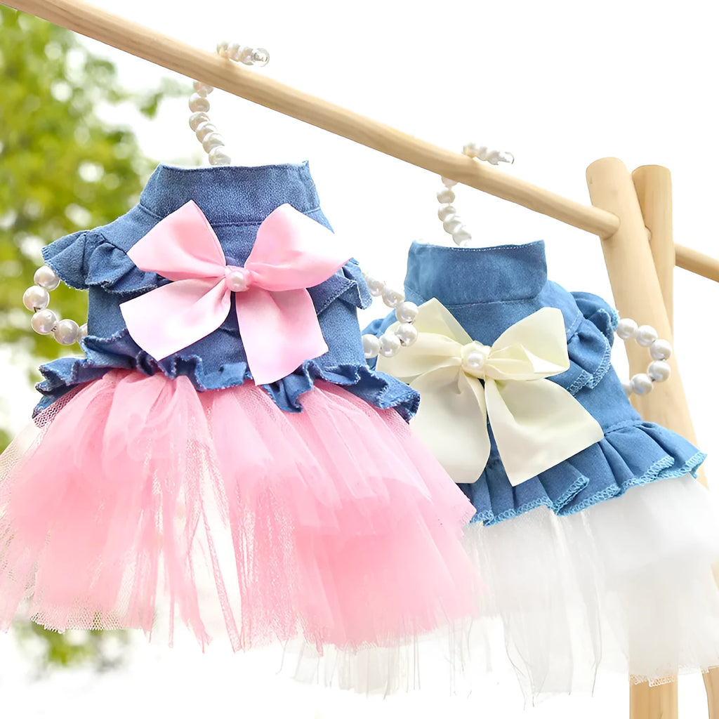 Korean version creative bow pet denim skirt in pink or white yarn for dogs