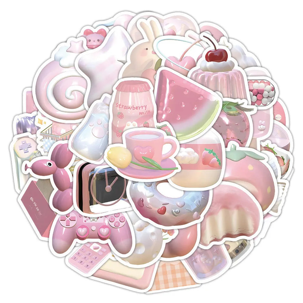 Set of 63 realistic 3D decorative stickers with cute pink girl heart designs.